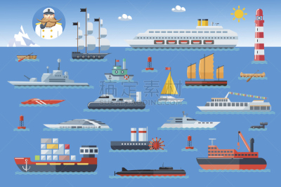 绘画插图,矢量,海洋,军用船,侧面视角,巨大的,水,客船,浮标,工业船