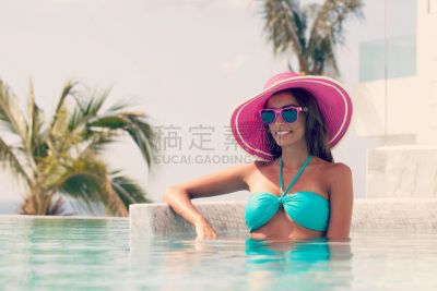 无边际泳池,女孩,自由,热带气候,一个人,泳装,泰国,女人,热带树,夏天