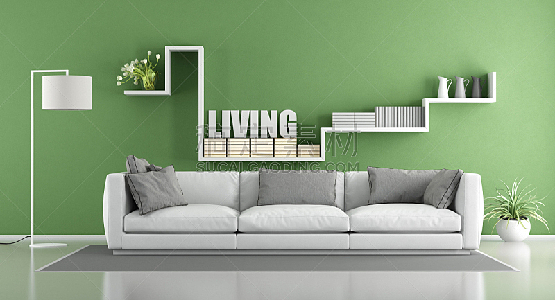 绿色,起居室,极简构图,落地灯,沙发,软垫,水平画幅,墙,无人,架子