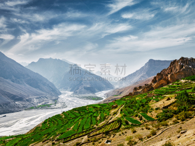 喜马拉雅山脉,毕底,山谷,河流,水平画幅,户外,交通方式,田地,负冲效果,山
