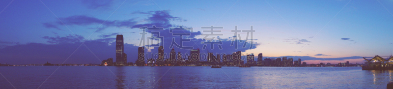 全景,城市天际线,曼哈顿,泽西城,水,六月,外立面,水平画幅,高视角,夜晚