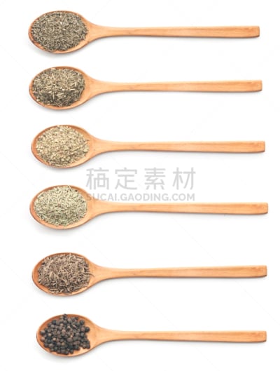 香料,多样,白色背景,木匙,垂直画幅,胡椒,牛至,龙蒿,异国情调,干的