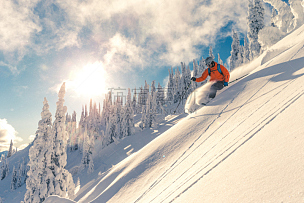 滑雪运动,粉末状雪,雪,冬天,人,水平画幅,户外,男性,一个人,冒险