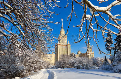 雪,都市风景,校园,莫斯科大学,广角,日光,天空,林区,石材,秃树
