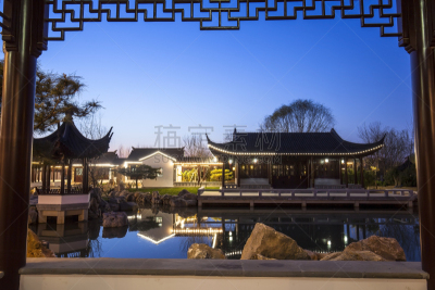 亭台楼阁,夜晚,传统,建筑,江南,纸灯笼,水,公园,艺术,水平画幅
