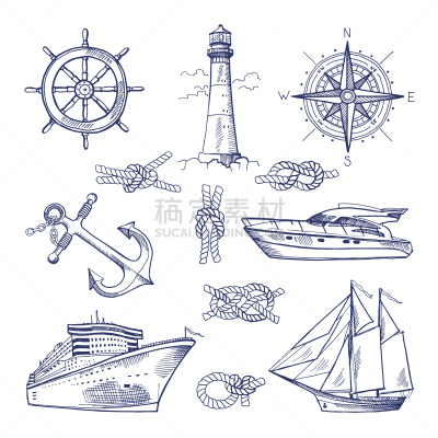 船,锚,绘画插图,海洋,乱画,矢量,时尚,手,布置,绘制