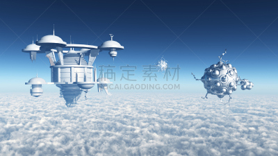 太空视角,空间站,不明飞行物,天空,未来,水平画幅,高视角,蓝色,绘画插图,太空船