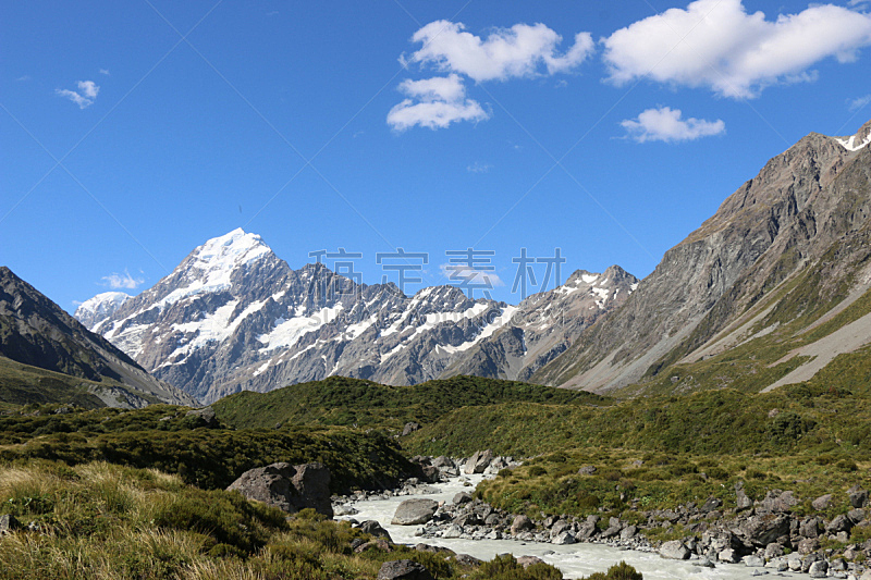 库克山,新西兰,风景,小路,徒步旅行,部分,山谷,水,天空,水平画幅