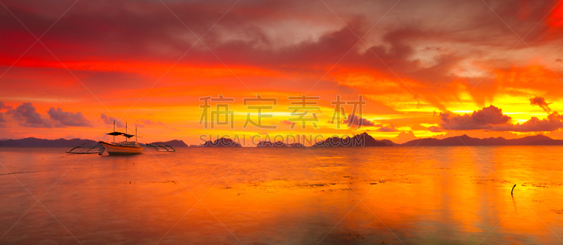 船,桨叉架船,巴拉望,菲律宾,水,水平画幅,无人,曙暮光,夏天,户外
