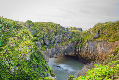 新西兰,薄饼岩,西港,格雷茅斯,punakaiki,呼吸孔,石灰石,水,天空,薄烤饼