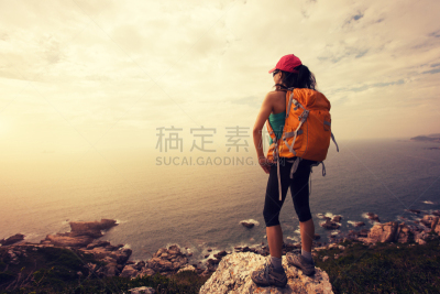 海滩,岩石,徒步旅行,山顶,谷边,悬崖,天空,留白,古典式,旅行者