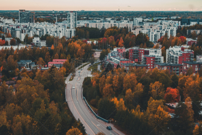 Urban view of Matinkylä in the autumn with color full trees and apartment houses, Espoo Finland