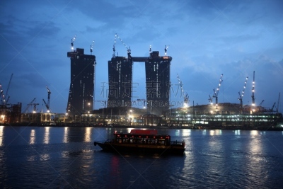 新加坡,亚洲,建筑业,滨海湾 ,水平画幅,建筑工地,建筑,夜晚,无人,金融