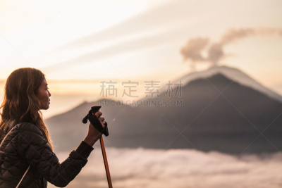 山,女人,自然美,火山,青年人,看,卡诺岛,旅途,曙暮光,黄昏