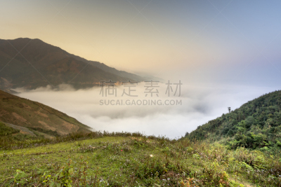 越南,山谷,山罗,地形,山,云,计程车车站,飘然,海洋,日落