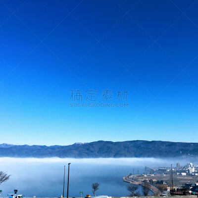 诹访,苏瓦湖,天空,无人,蓝色,户外,湖,方形画幅,雾