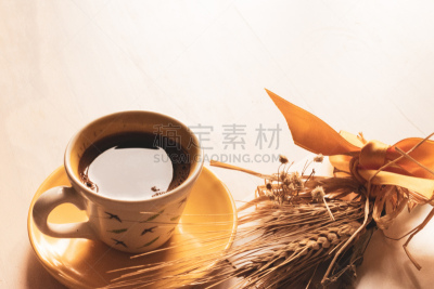 咖啡杯,特写,花束,琴弓,干的,文字,黄色,饮料,热,暗色