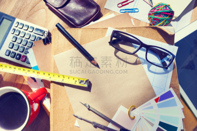 凌乱,桌子,工具,建筑师,图表设计师,书桌,设计室,办公室,水平画幅,高视角