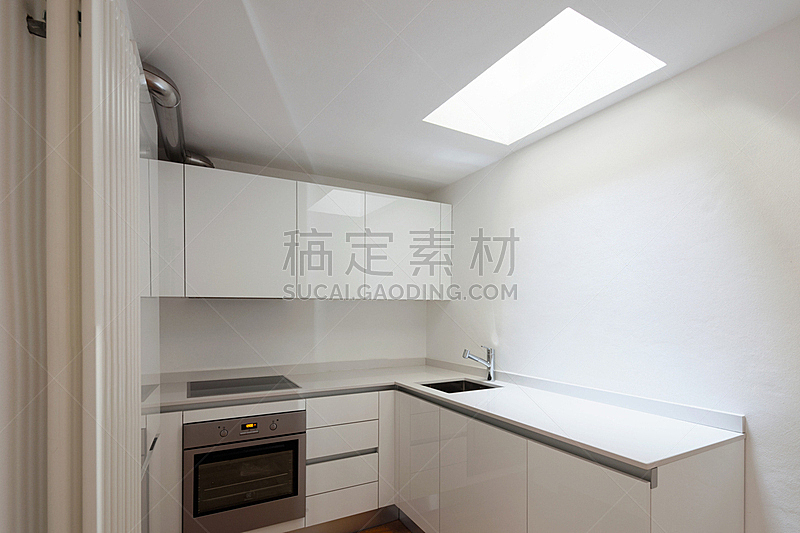 极简构图,厨房,正面视角,水平画幅,无人,干净,现代,空的,水槽,烤炉