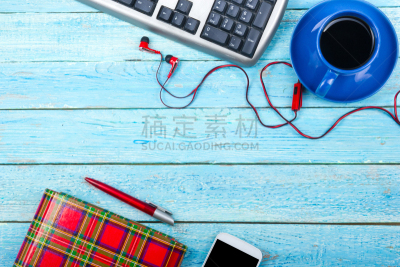 办公室,计算机,书桌,桌子,蓝色,看风景,水笔,咖啡,组物体,顶部