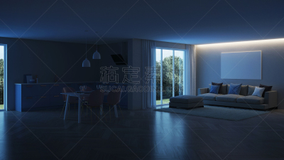 现代,三维图形,厨房,房屋,室内,蓝色,夜晚,抽油烟机,窗帘,舒服