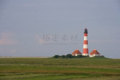 万斯特尔海沃尔灯塔,灯塔楼,北弗里西亚,石勒苏益格-荷尔斯泰因,天空,留白,水平画幅,无人,早晨,夏天