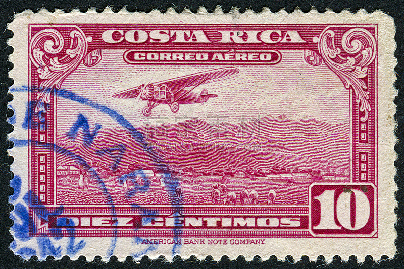 哥斯达黎加,航空邮件,旅游目的地,水平画幅,古老的,特写,黑色,黑色背景