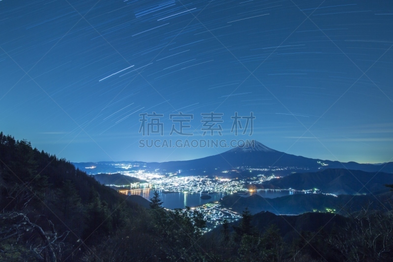 夜晚,富士山,水,天空,里山,水平画幅,枝繁叶茂,雪,无人,月亮