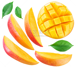 芒果 ,切片食物,叶子,白色,水平画幅,水果,无人,有机食品,白色背景,熟的
