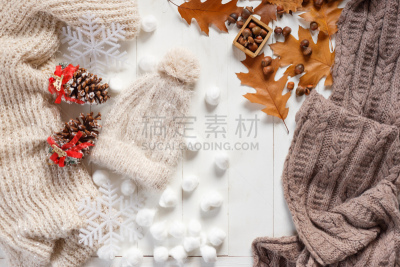 秋天,小的,衣服,家庭,冬天,组物体,帽子,女人,鞋子