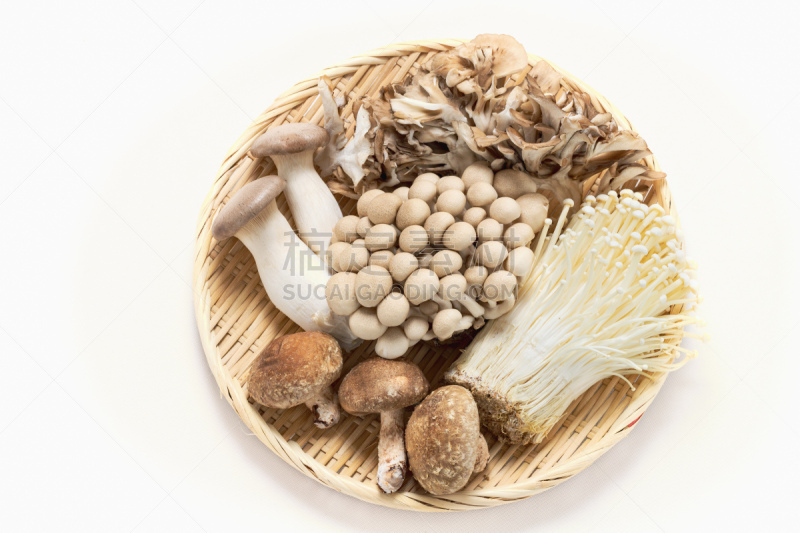 蘑菇,大量物体,白色背景,杏鲍菇,竹筒,多样,食品,图像,金针菇,成分