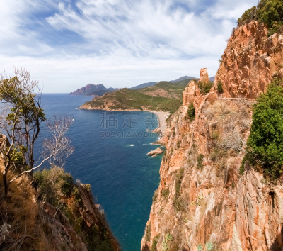 piana,蓝色的海湾,科西嘉,水,天空,水平画幅,无人,户外,海滩,山