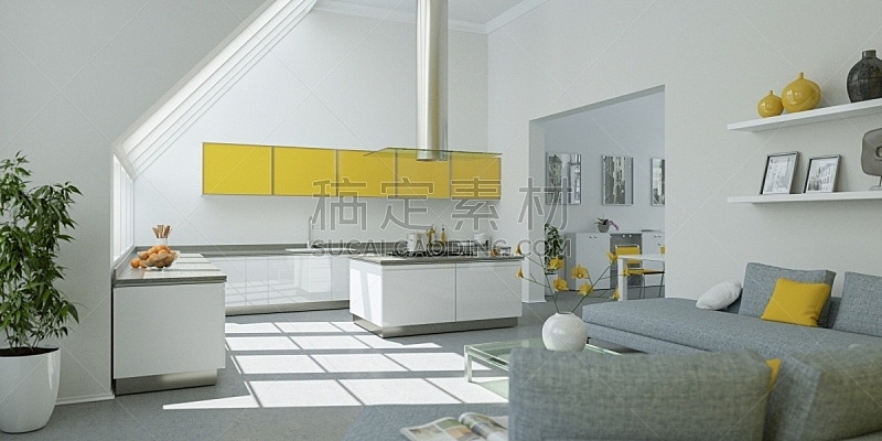 现代,公寓,明亮,黄色,室内设计师,灰色,模板,沙发,装饰物,豪宅