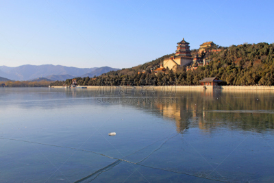 昆明湖,佛香阁,冻结的,阁楼,水平画幅,户外,碾碎了的,特写,冬天,古典风格