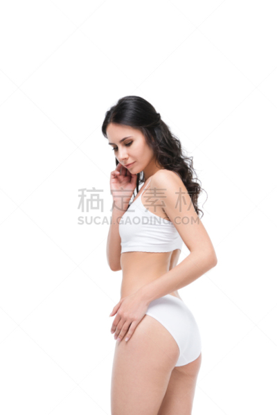 女人,美女,往下看,分离着色,影棚拍摄,白色,注视镜头,深情的,塑身内衣,女士内衣