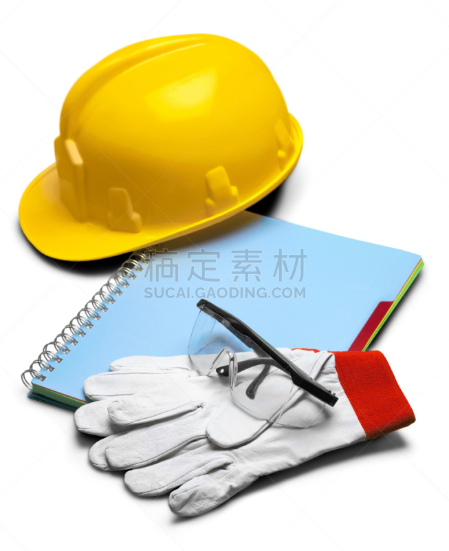 安全帽,手册,电子记事本,防护镜,垂直画幅,手套,无人,建筑设备,护手套,背景分离
