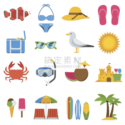 图标集,夏天,海滩,周末活动,热带气候,大桶,玩具,塑胶,椅子,伞
