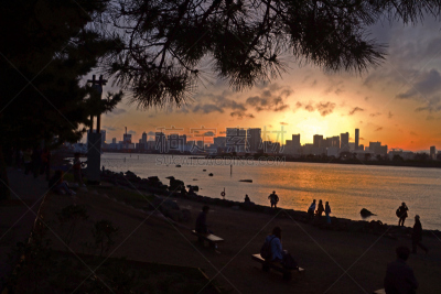 台场,日本,台场海滨公园,水,水平画幅,无人,河流,户外,都市风景,日落
