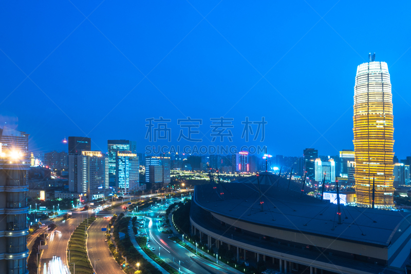 都市风景,郑州,中心,国际著名景点,天空,水平画幅,高视角,夜晚,无人,交通