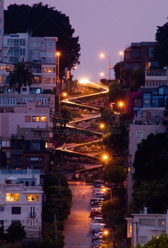 夜晚,伦巴底街,carole lombard,垂直画幅,山,陡峭,旅行者,城市,路灯,旧金山