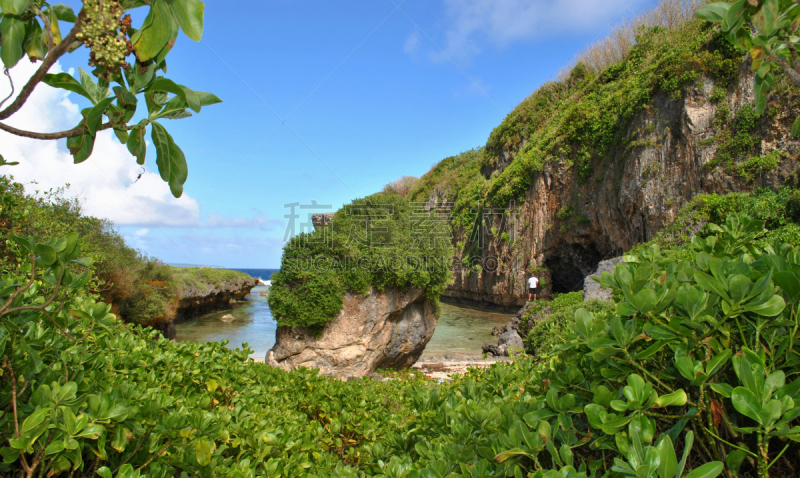 tinian,水湾,水,海湾,北马里亚纳群岛,礁石,水平画幅,枝繁叶茂,纯净,岩层