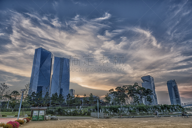 都市风景,松岛国际商务区,仁川,韩国,女子晚礼服,高动态范围成像,水,天空,古老的,曙暮光