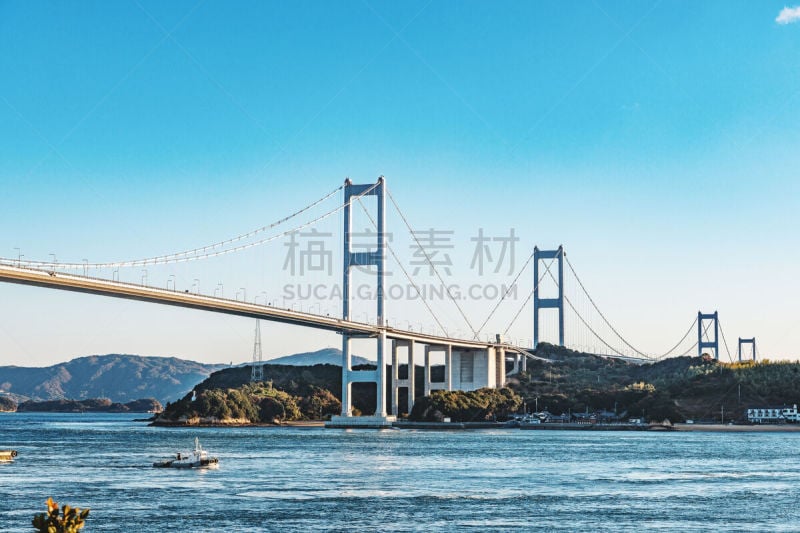 来岛海峡大桥,天空,水平画幅,无人,海港,索桥,户外,交通方式,渔船,多车道公路