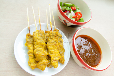 沙嗲,猪肉,配菜,餐具,格子烤肉,泰国人,水平画幅,无人,膳食,周末活动