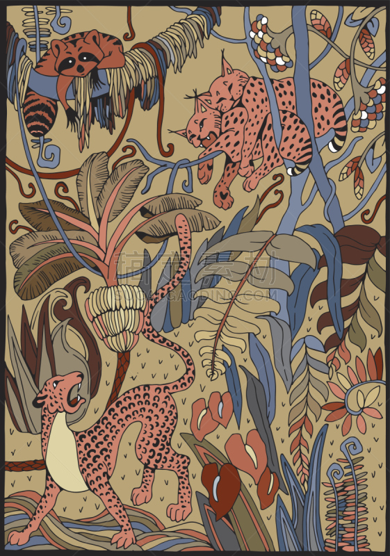 山猫,美洲豹,浣熊,野外动物,热带雨林,热带的花,页,食肉目,野生动物保护区,着色