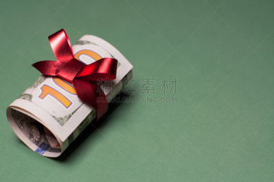 礼物,圣伯纳犬,蝴蝶结,有包装的,包装纸,缎带,美国百元钞票,留白,水平画幅,圣诞节