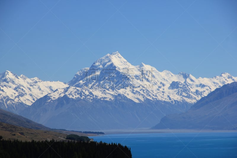 新西兰,库克山,普卡基湖,天空,国家公园,水平画幅,雪,无人,户外,湖