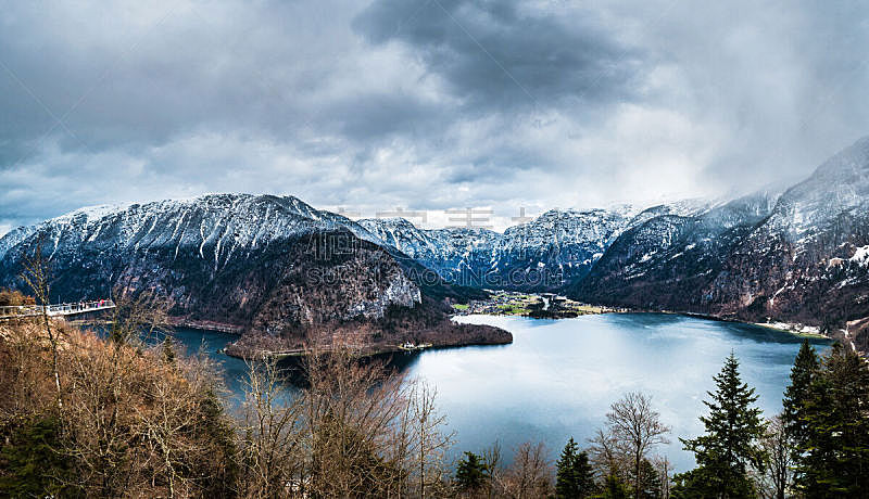 云,奥地利,雪,湖,全景,阿尔卑斯山脉,有包装的,背景,宁静,自然美