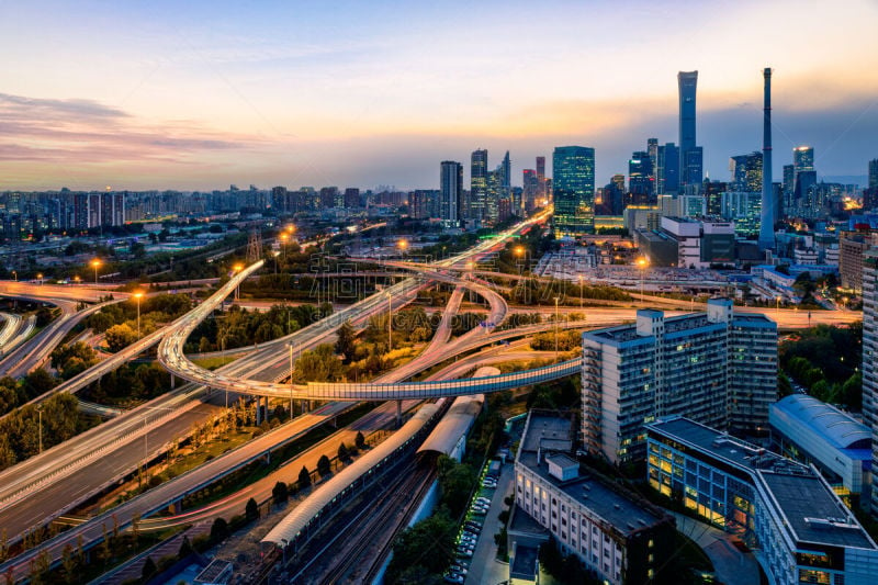 夜晚,高架道路,现代,尾灯,北京,交通,公路,忙碌,户外,建筑