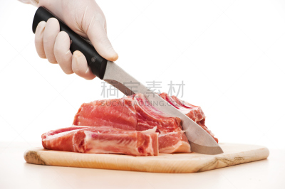 肉店,链甲手套,水平画幅,小排骨,生食,膳食,切制肉,特写,仅男人,仅成年人